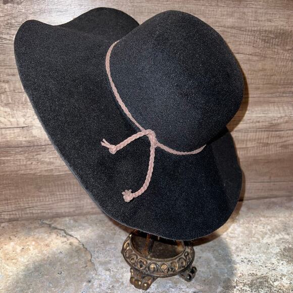 Alter’d State Accessories - Altar'd State Black Floppy Boho Hat Oversized Wide Brimmed w Brown Cord Detail